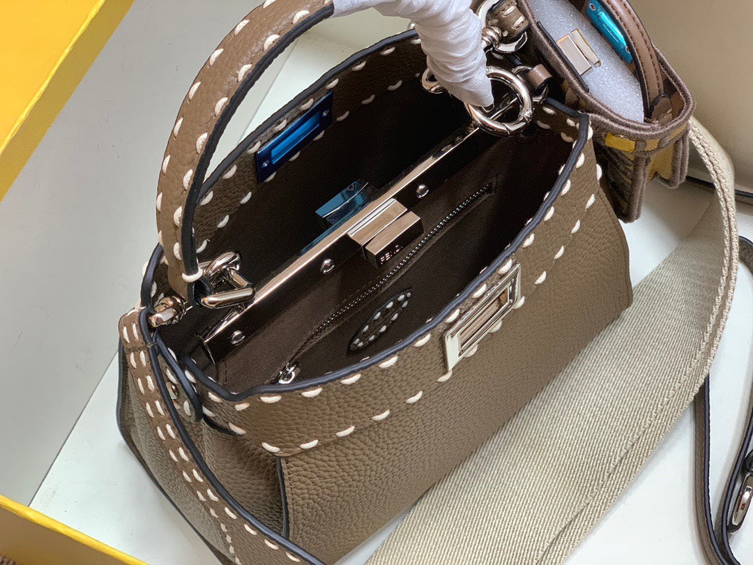 Fendi Peekaboo Iconic Mini Brown Leather Handbag with FF Logo Strap and Charm