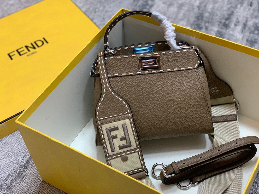 Fendi Peekaboo Iconic Mini Brown Leather Handbag with FF Logo Strap and Charm