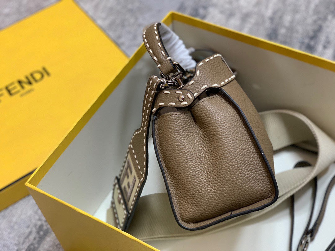 Fendi Peekaboo ISeeU Medium Leather Bag with FF Motif Strap and Mini Bag Charm - Brown
