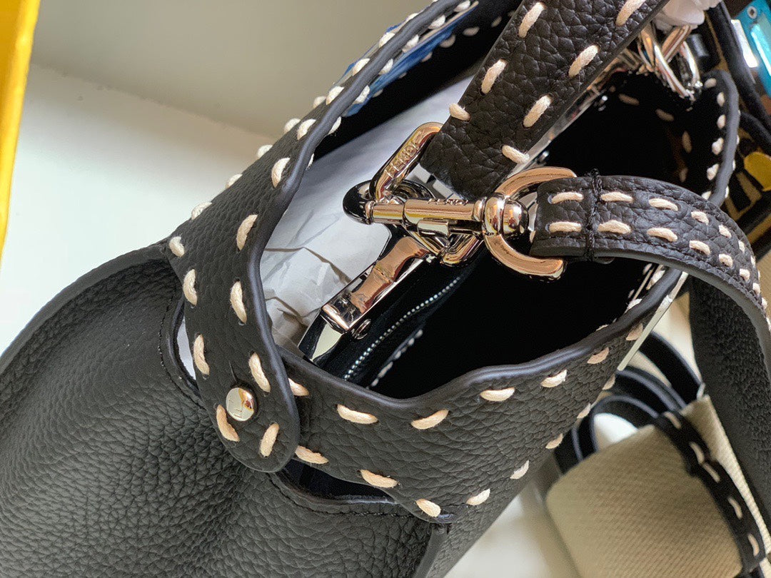 Fendi Peekaboo Leather Handbag with FF Motif Strap and Mini Bag Charm