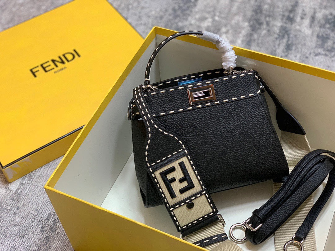 Fendi Peekaboo ISeeU Black Leather Handbag with FF Logo Strap and Mini Pouch