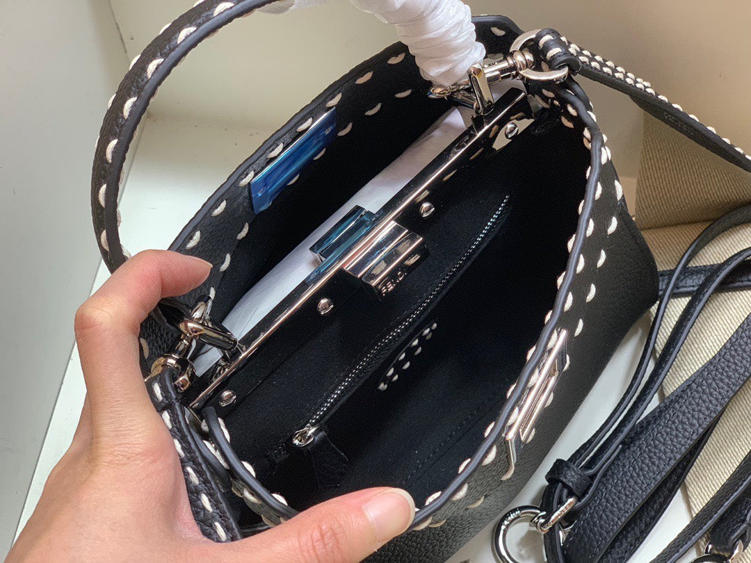 Fendi Peekaboo Leather Handbag with FF Motif Strap and Mini Bag Charm