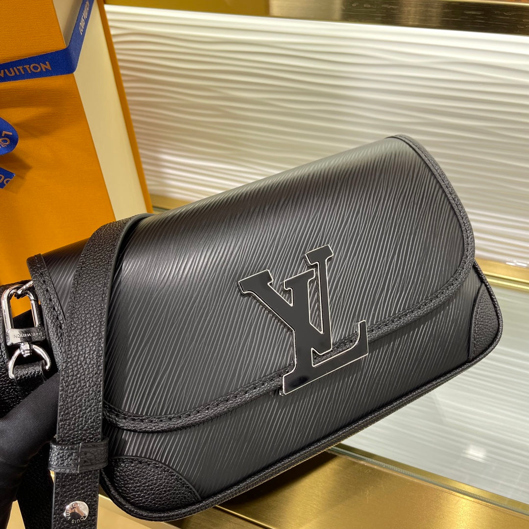 Louis Vuitton Classic Black Embossed Leather Shoulder Handbag with Metal Clasp