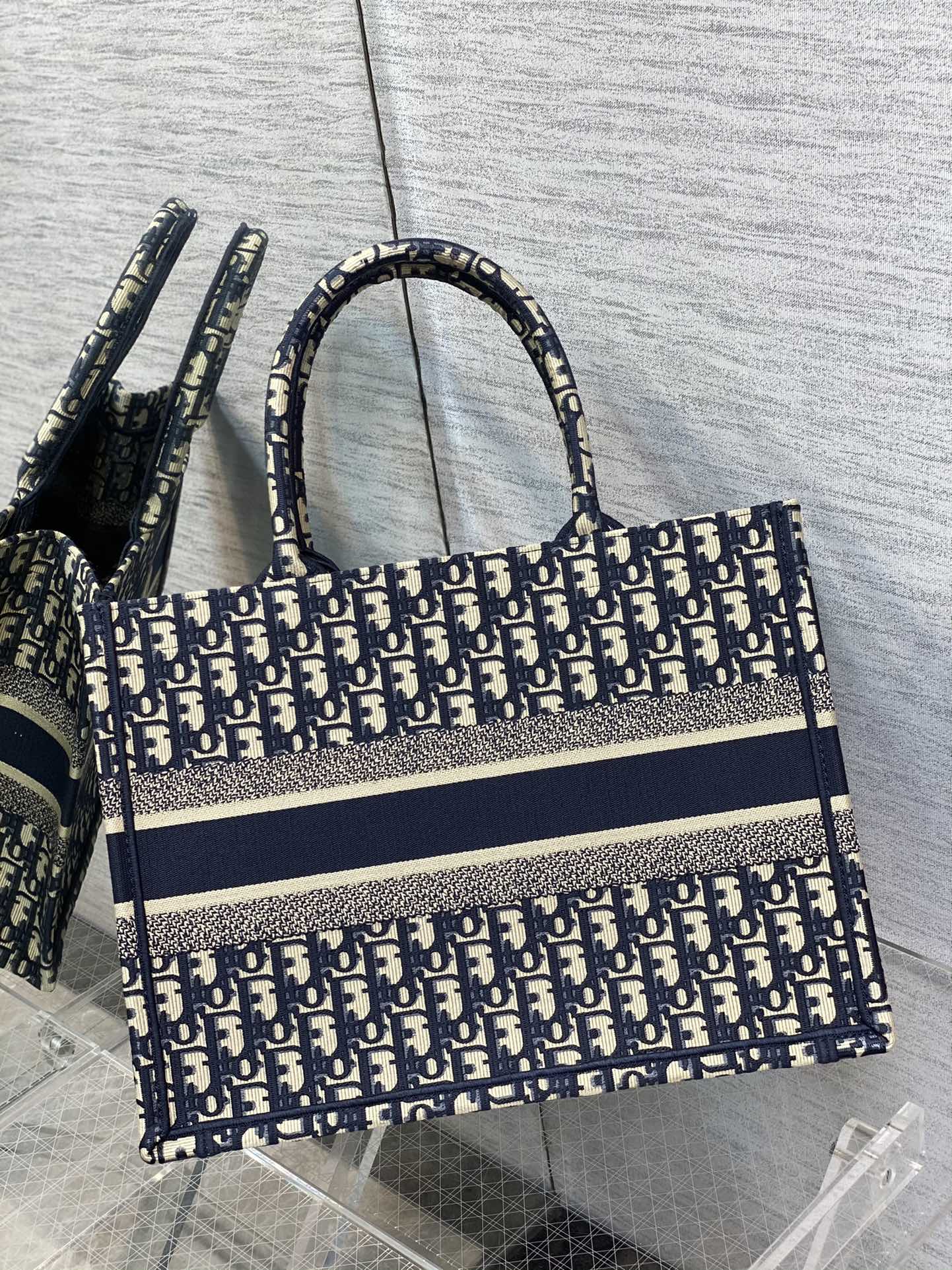 Dior Blue and White Monogram Canvas Tote Bag Classic Top Handle Handbag