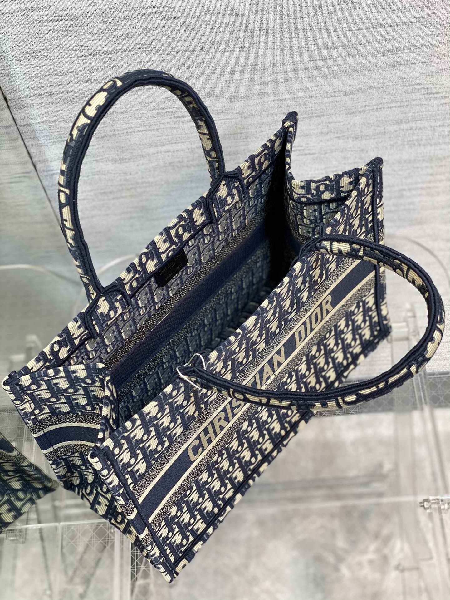 Dior Blue and White Monogram Canvas Tote Bag Classic Top Handle Handbag