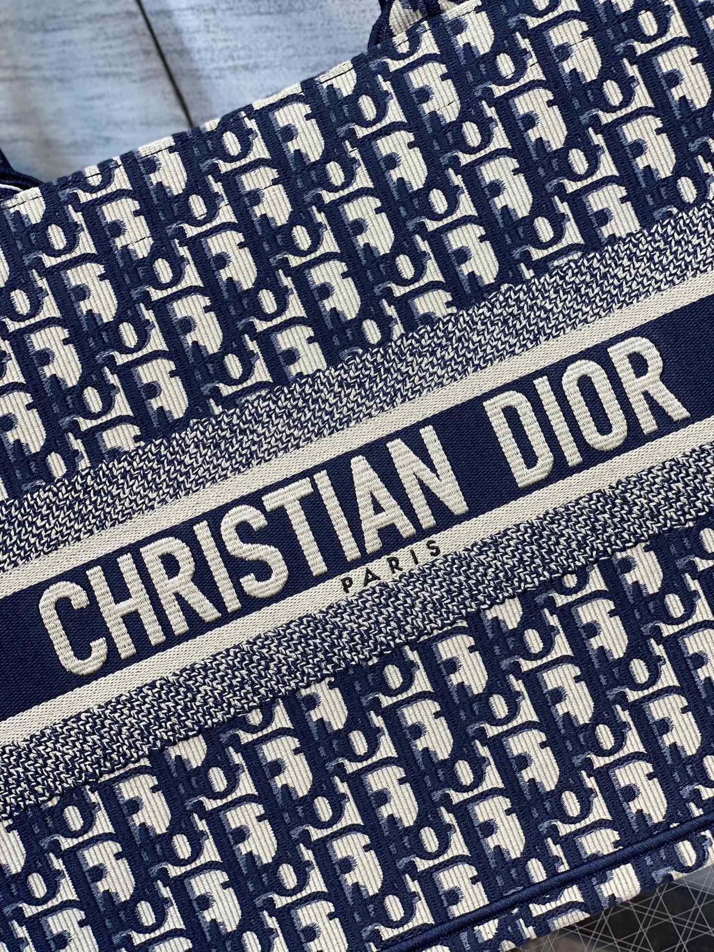 Dior Navy Blue Monogram Embroidered Canvas Tote Bag with Top Handles