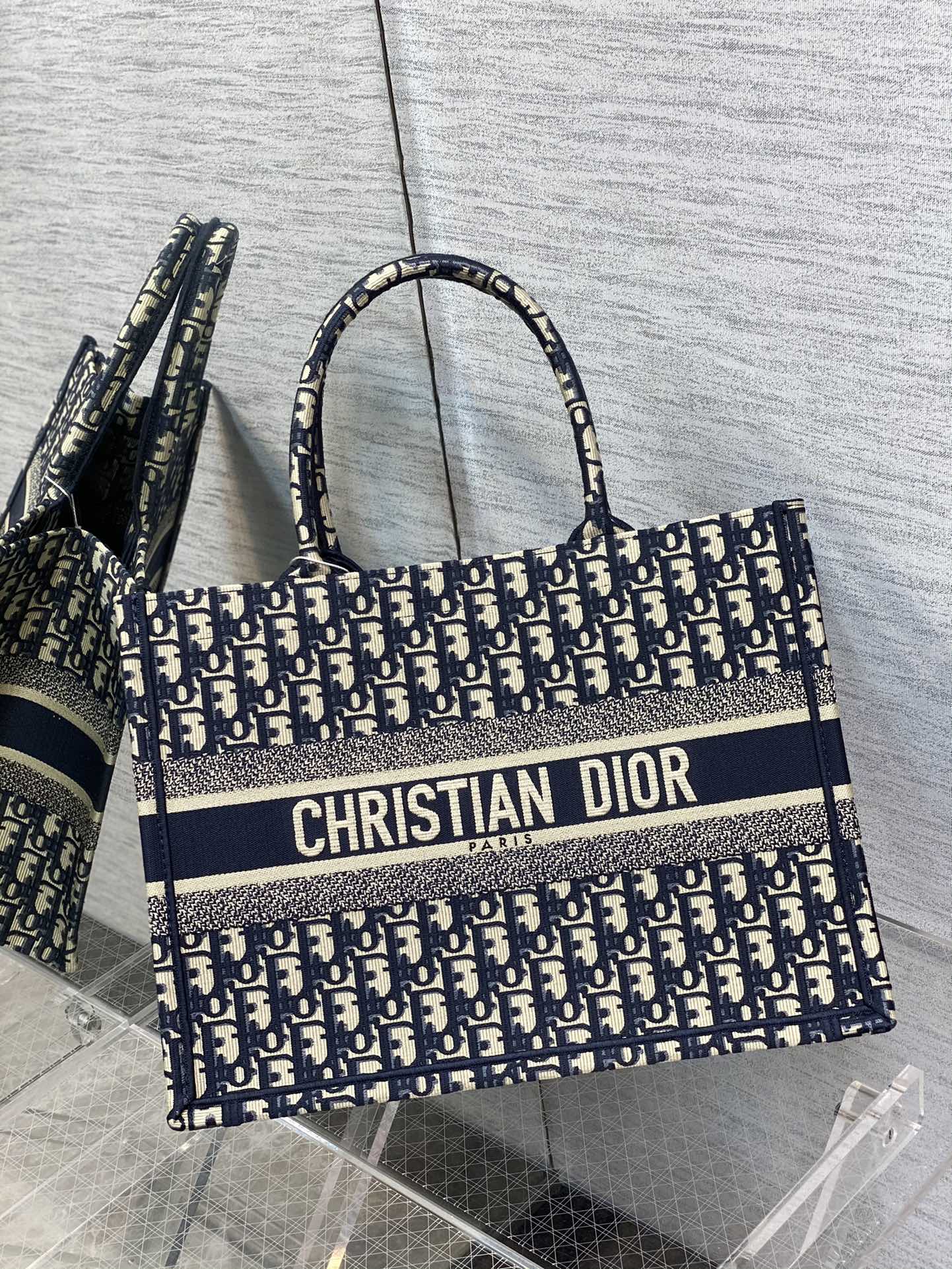 Dior Navy Blue Monogram Embroidered Canvas Tote Bag with Top Handles