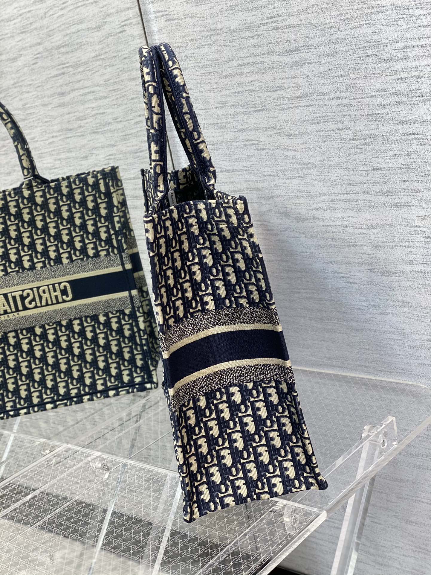 Dior Navy Blue Monogram Canvas Tote Bag Large Carryall Handbag
