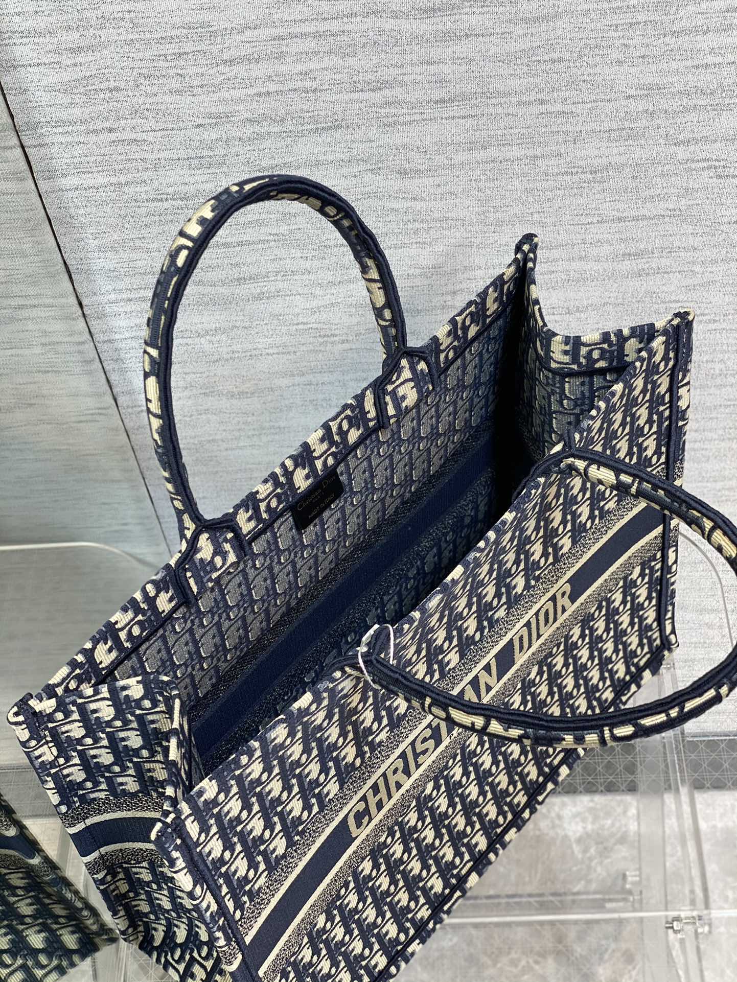 Dior Navy Blue Monogram Canvas Tote Bag Large Carryall Handbag