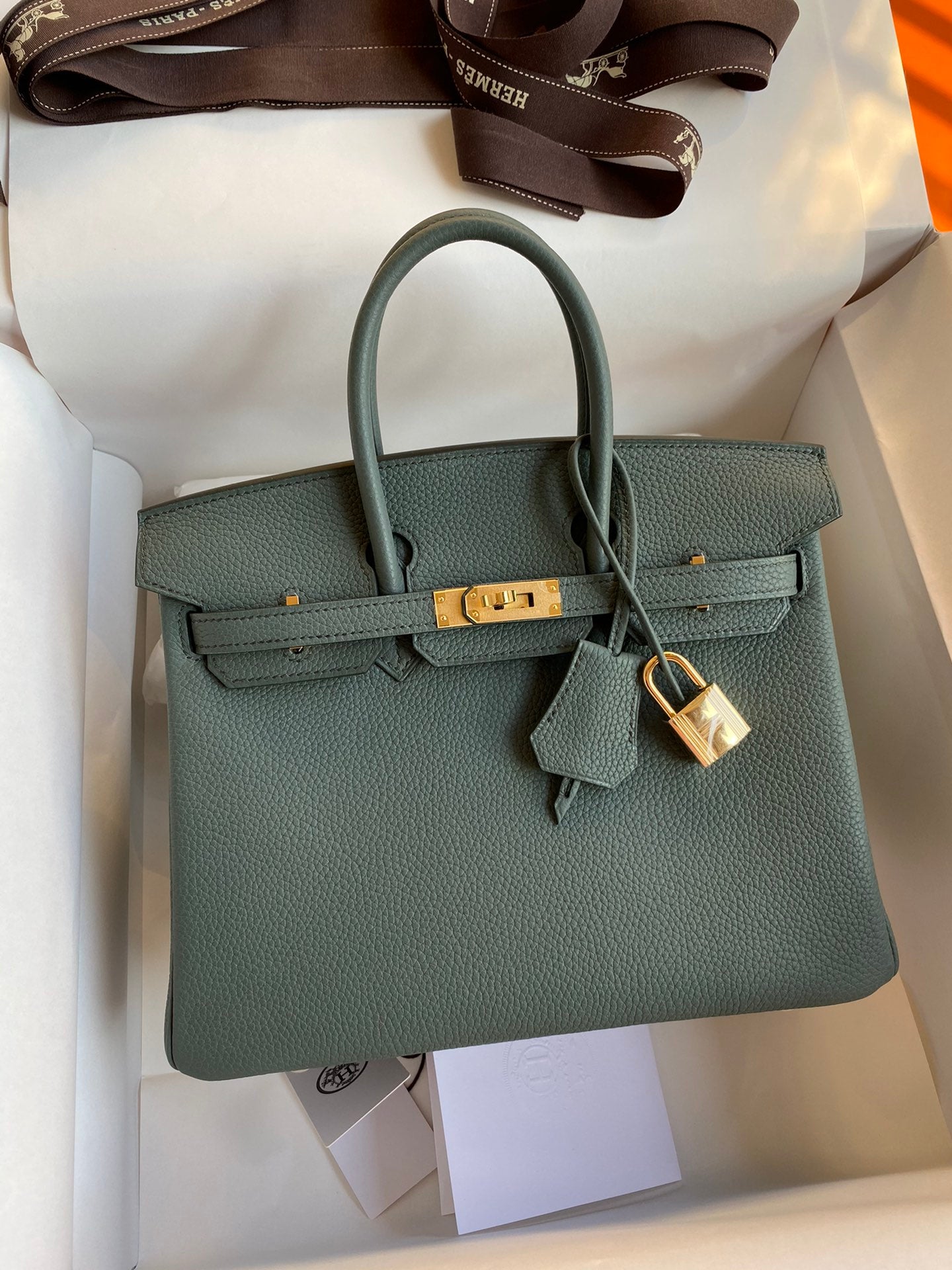 Hermès Birkin Style Sage Green Leather Handbag with Gold-Tone Hardware