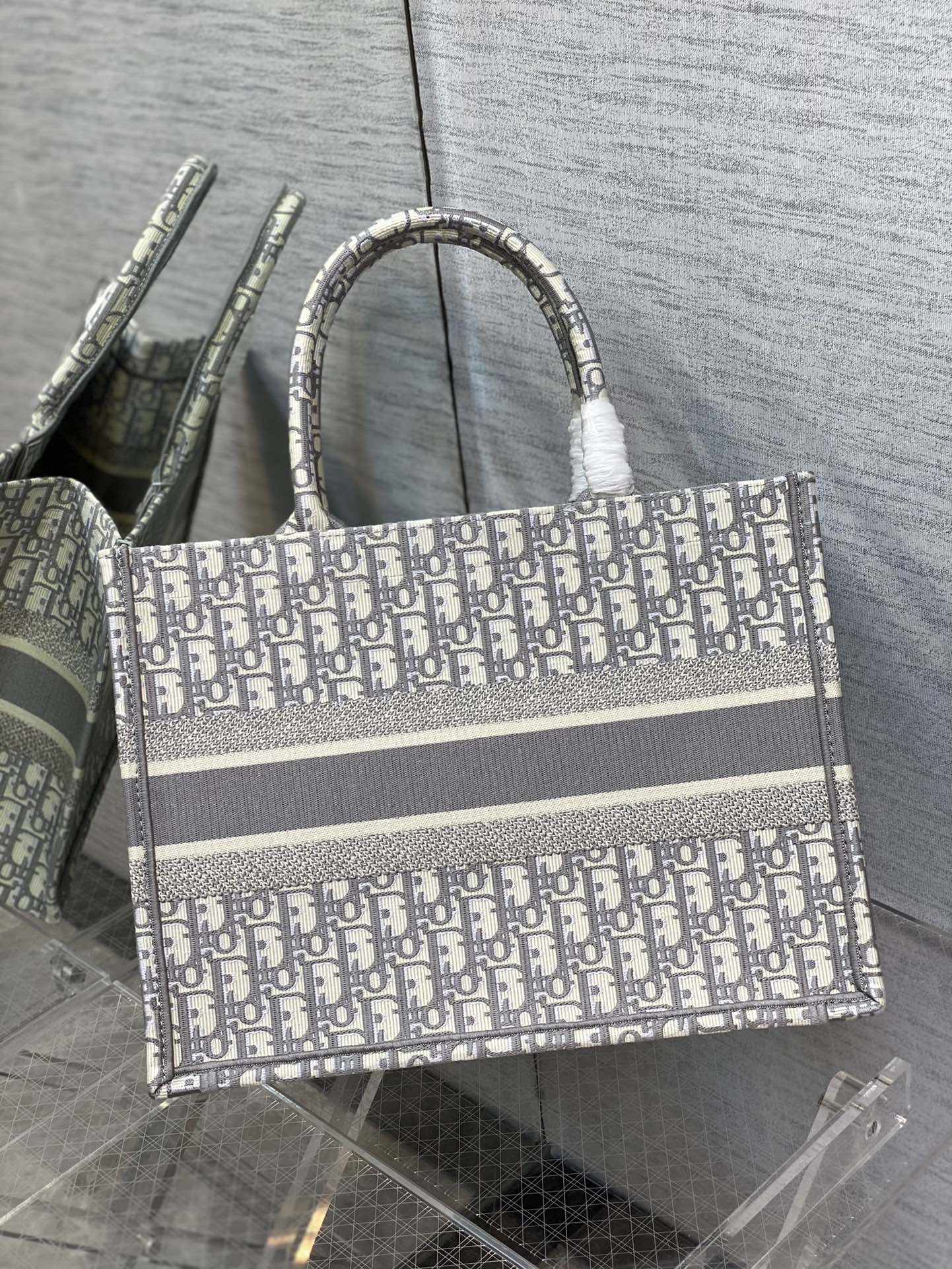 Dior Classic Grey Monogram Embroidered Canvas Tote Handbag