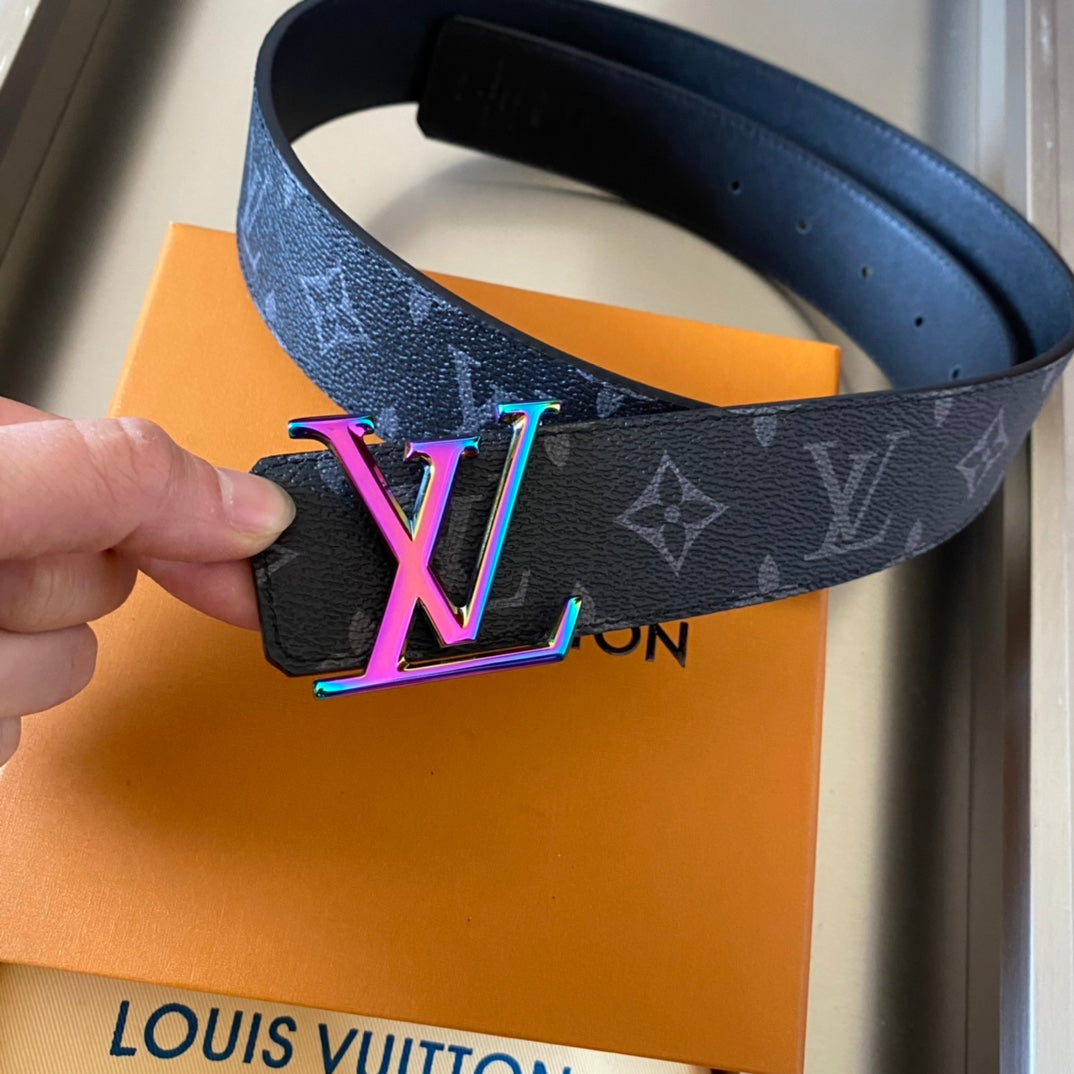 Louis Vuitton Men's LV Initials 40mm Belt Monogram Eclipse with Neon Pink and Blue Gradient Buckle