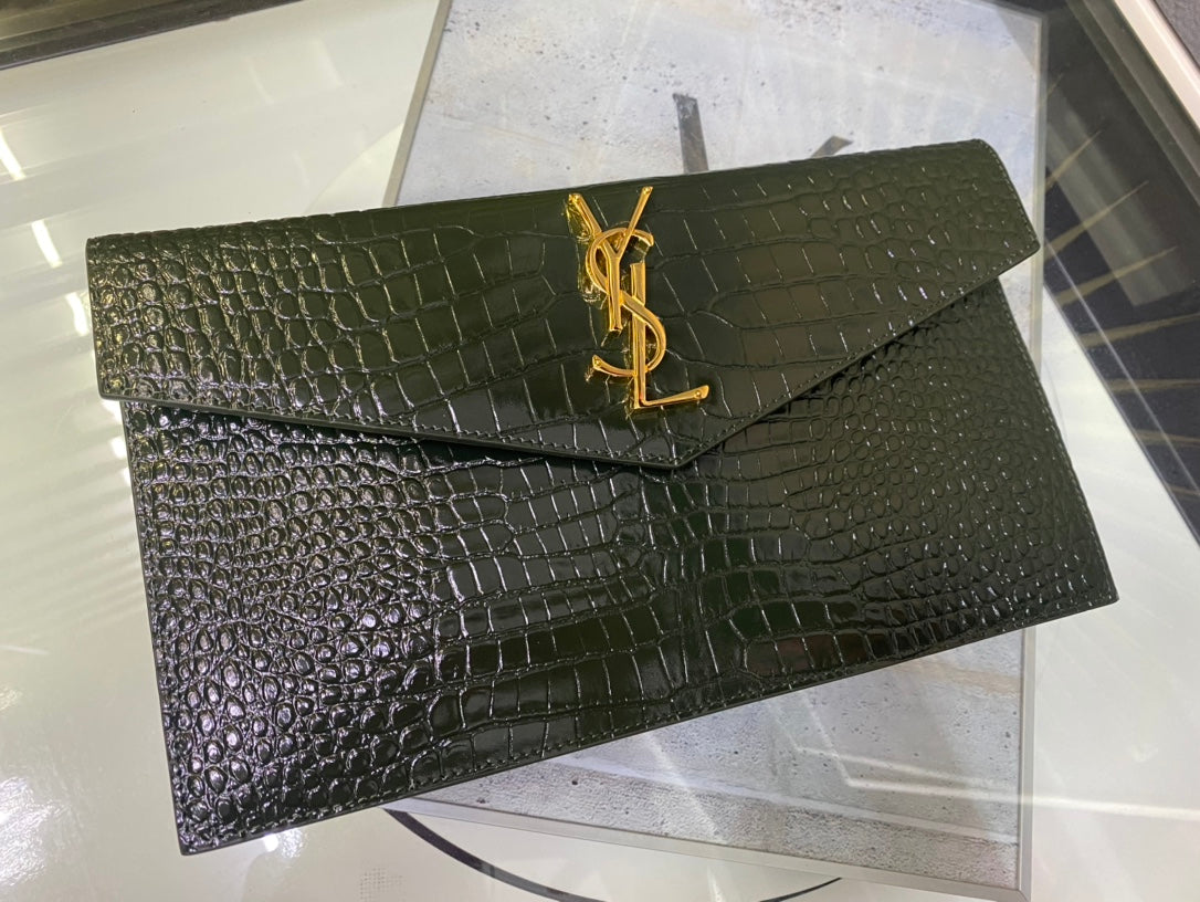 Saint Laurent Cassandre Envelope Clutch in Crocodile-Embossed Leather - Dark Green