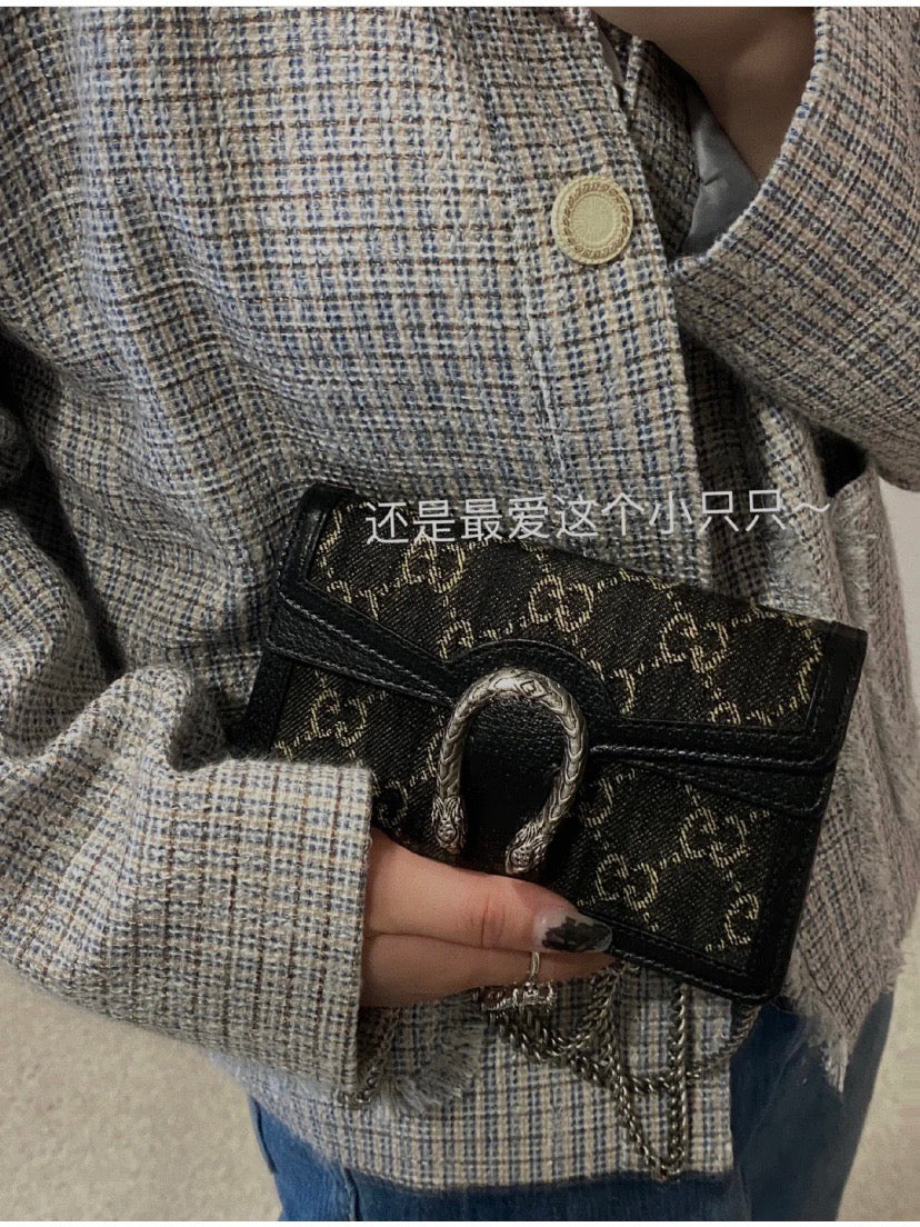 Gucci Dionysus Super Mini Bag GG Supreme Canvas Black Leather