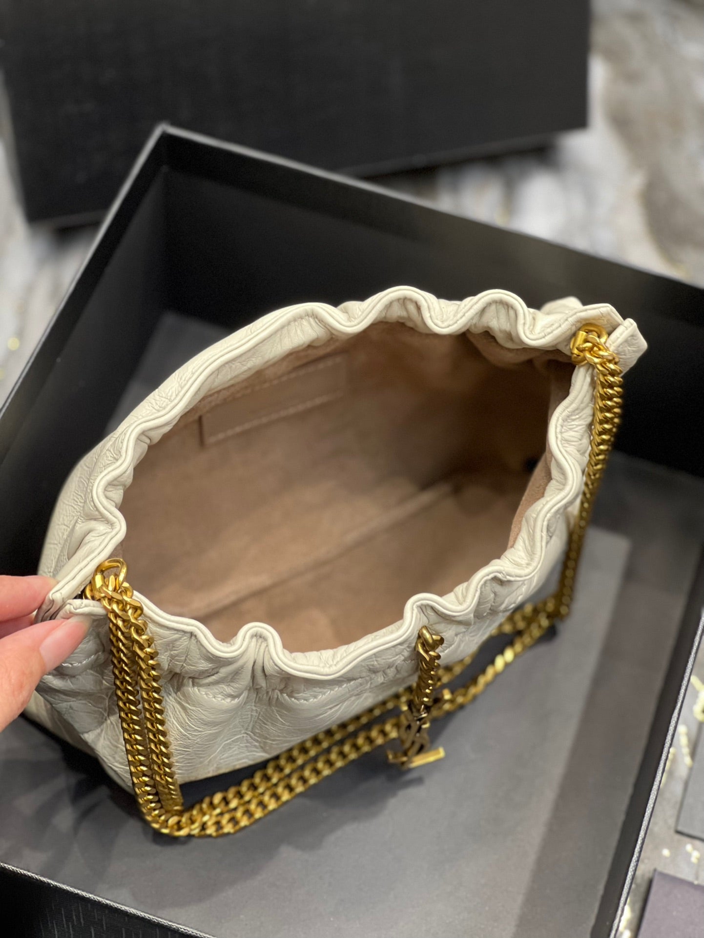 Saint Laurent YSL Mini Pouch in White Leather with Gold-Tone Chain Strap