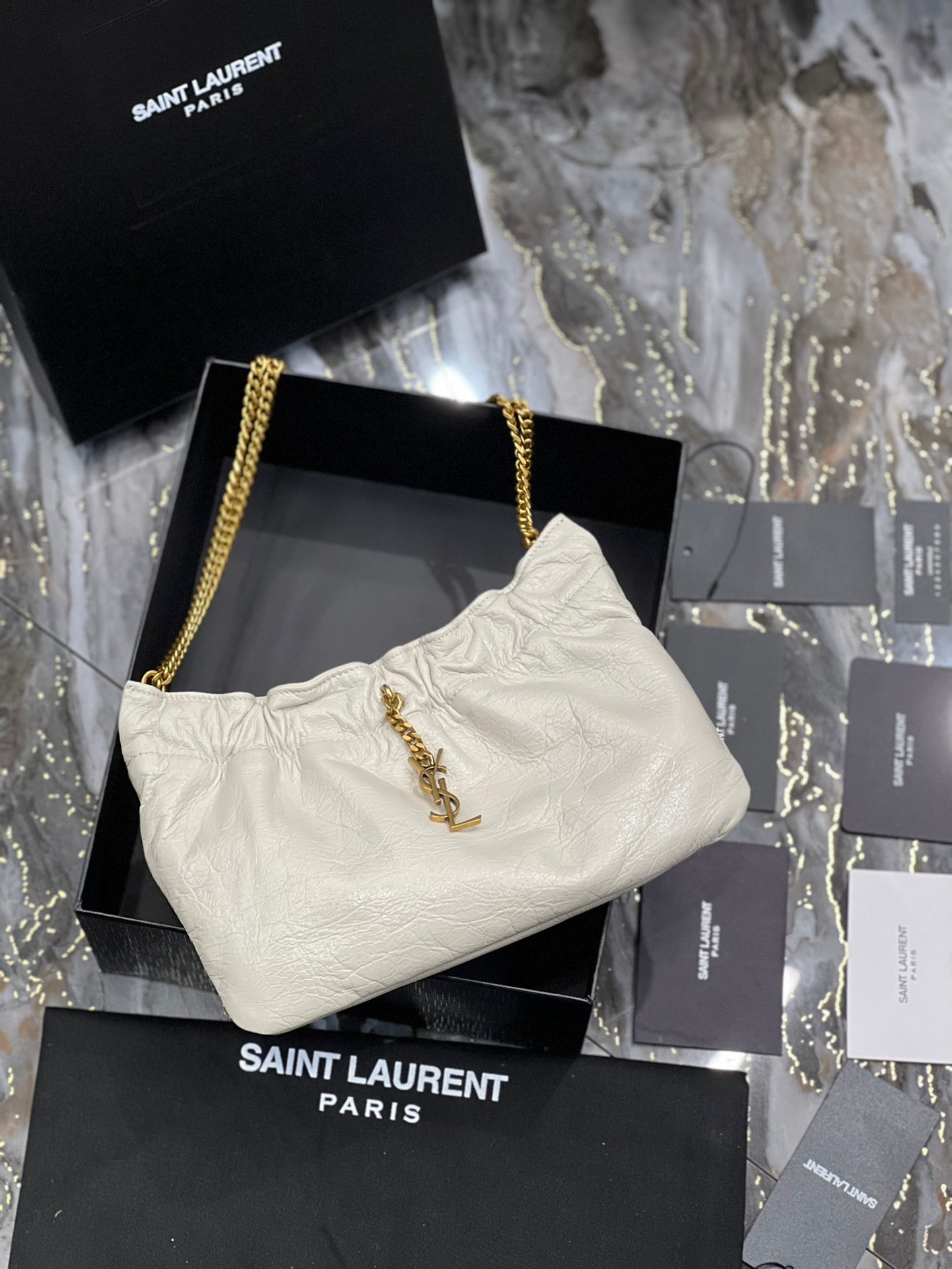 Saint Laurent YSL Mini Pouch in White Leather with Gold-Tone Chain Strap