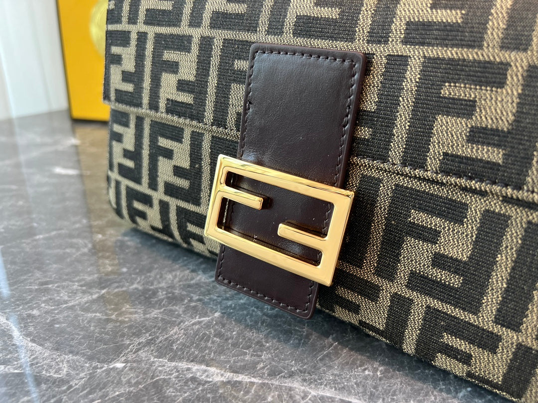 Fendi Baguette FF Monogram Canvas Shoulder Bag with Gold Hardware