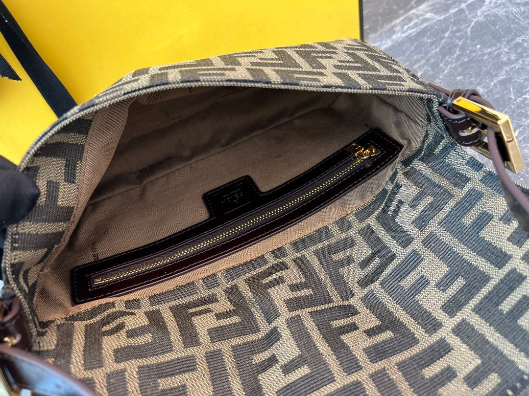 Fendi Baguette FF Monogram Canvas Shoulder Bag with Gold Hardware