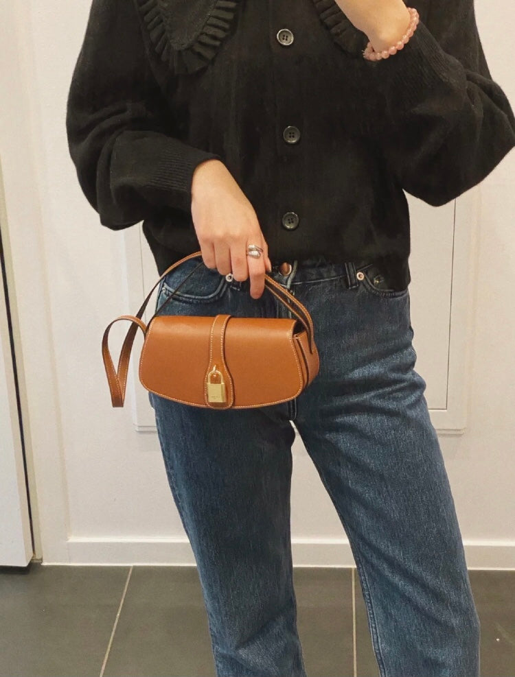 Women's Small Patterned Canvas Shoulder Bag - Half-Moon Mini Crossbody Pouch with Brown Leather Trim