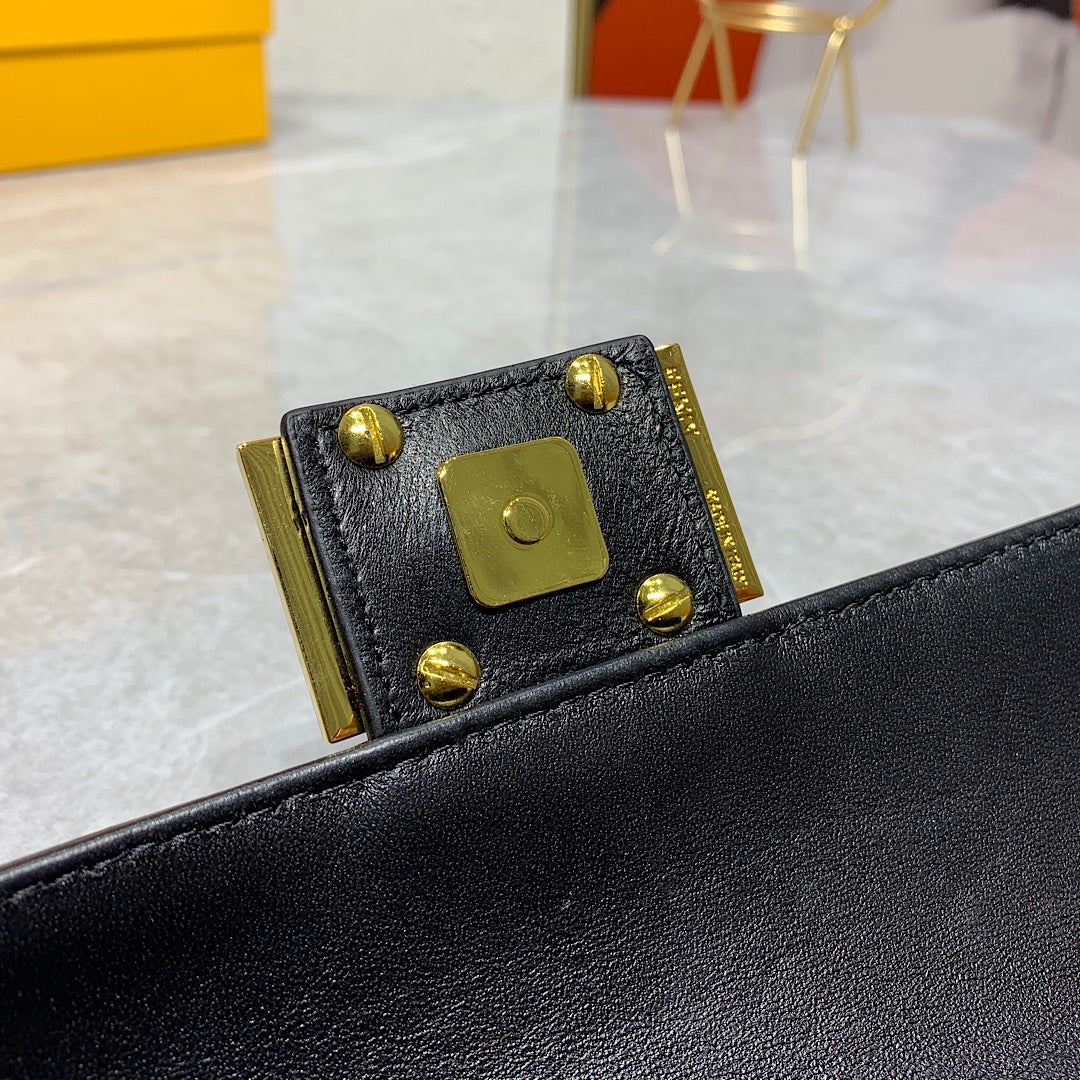 Fendi Black Embossed FF Leather Baguette Bag with Gold Hardware