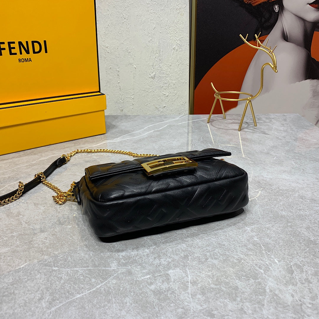 Fendi Black Embossed FF Leather Baguette Bag with Gold Hardware