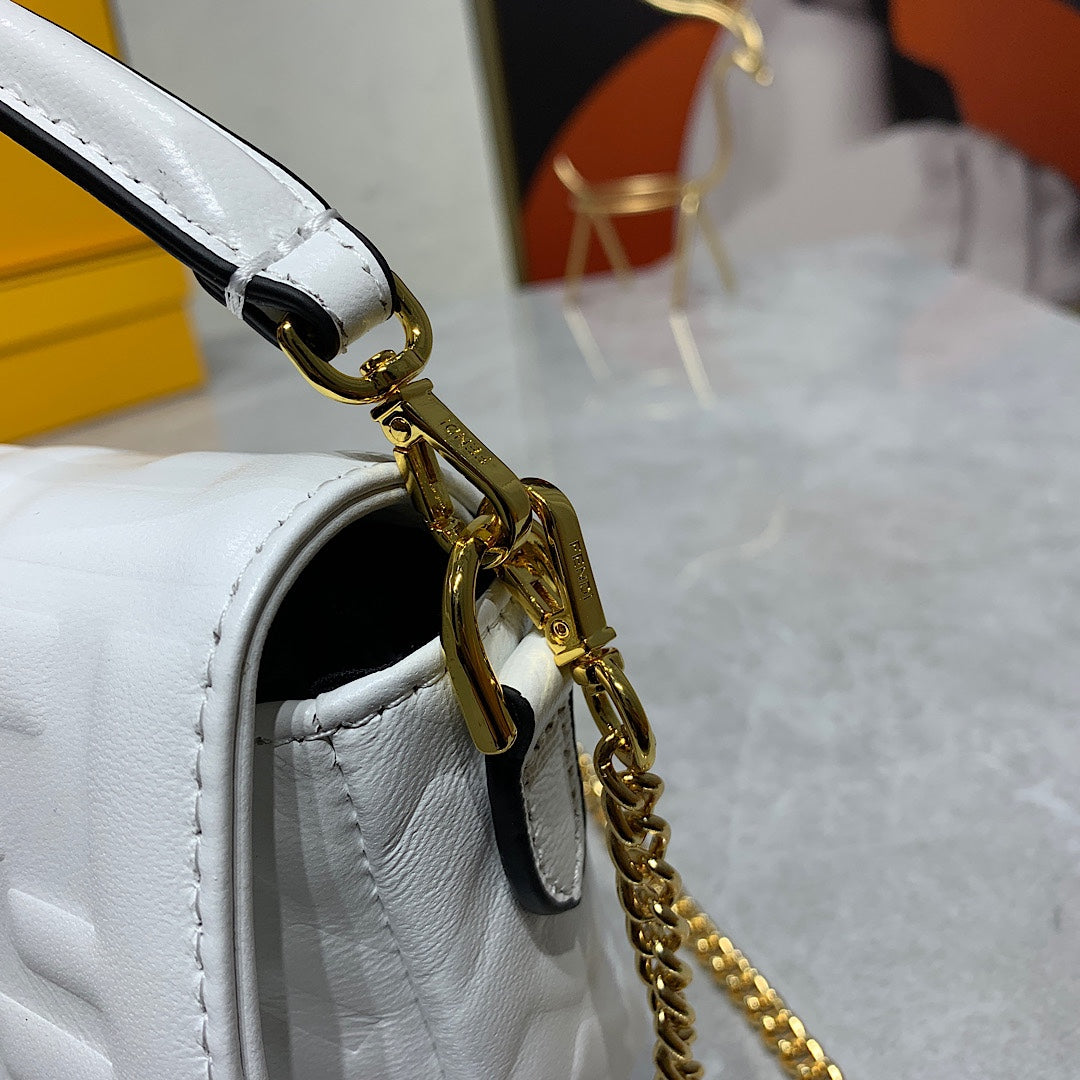 White Embossed Logo Baguette Crossbody Bag with Gold Chain Strap
