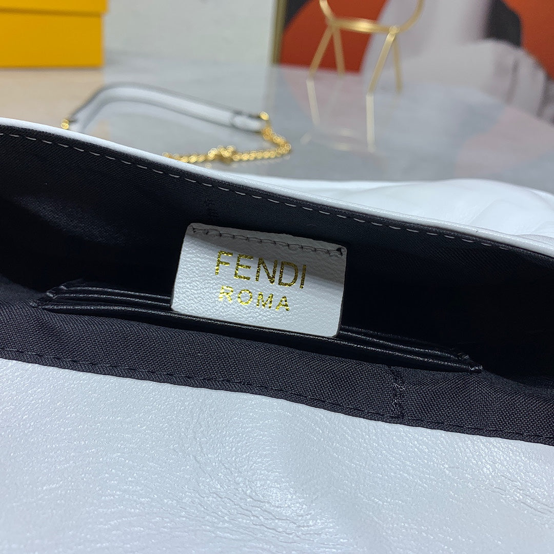 Fendi Baguette White Leather Mini Bag with Gold-Tone Chain Strap