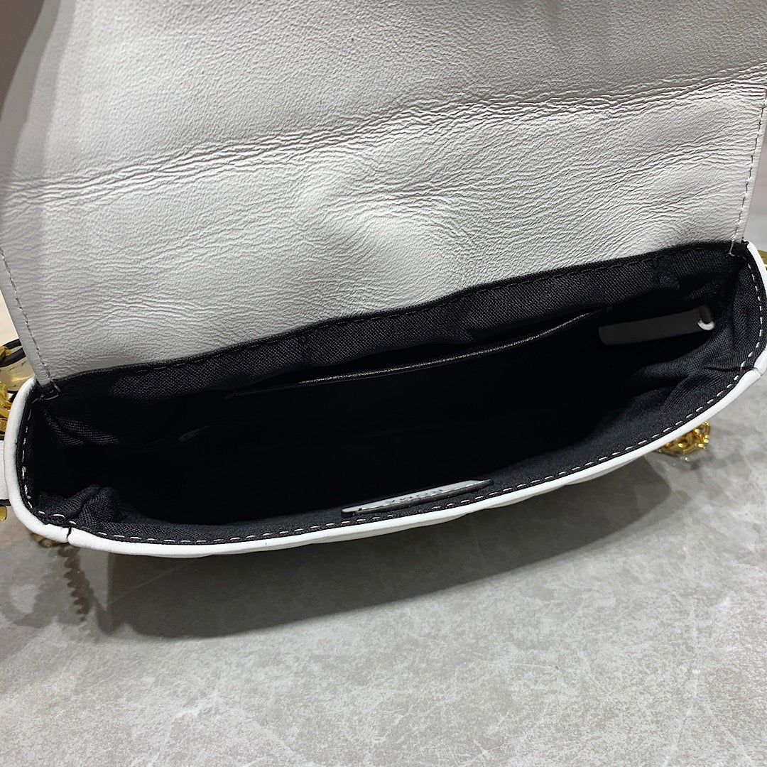 Fendi Baguette White Leather Mini Bag with Gold-Tone Chain Strap
