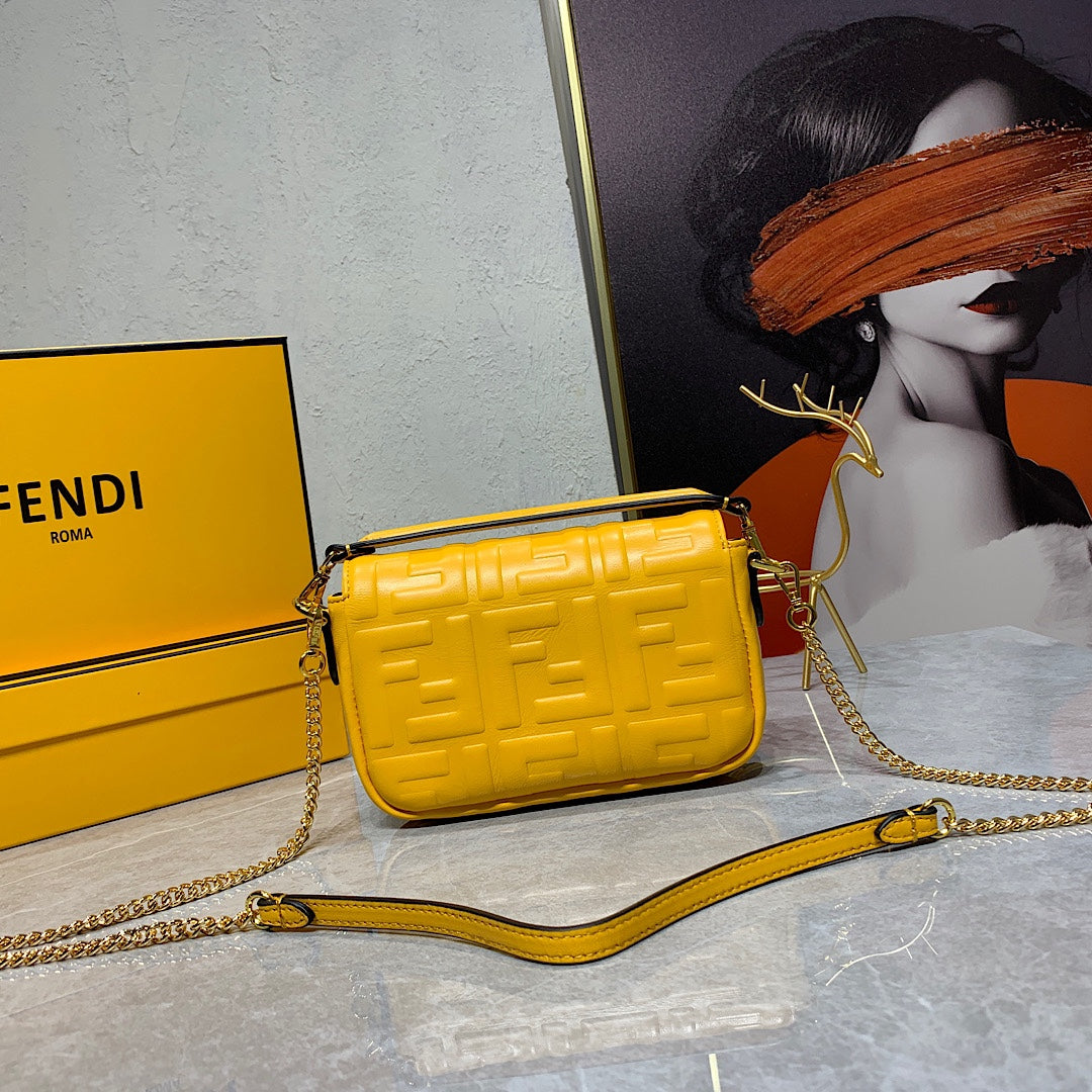 Fendi Baguette Yellow Embossed FF Logo Leather Shoulder Bag with Gold Hardware