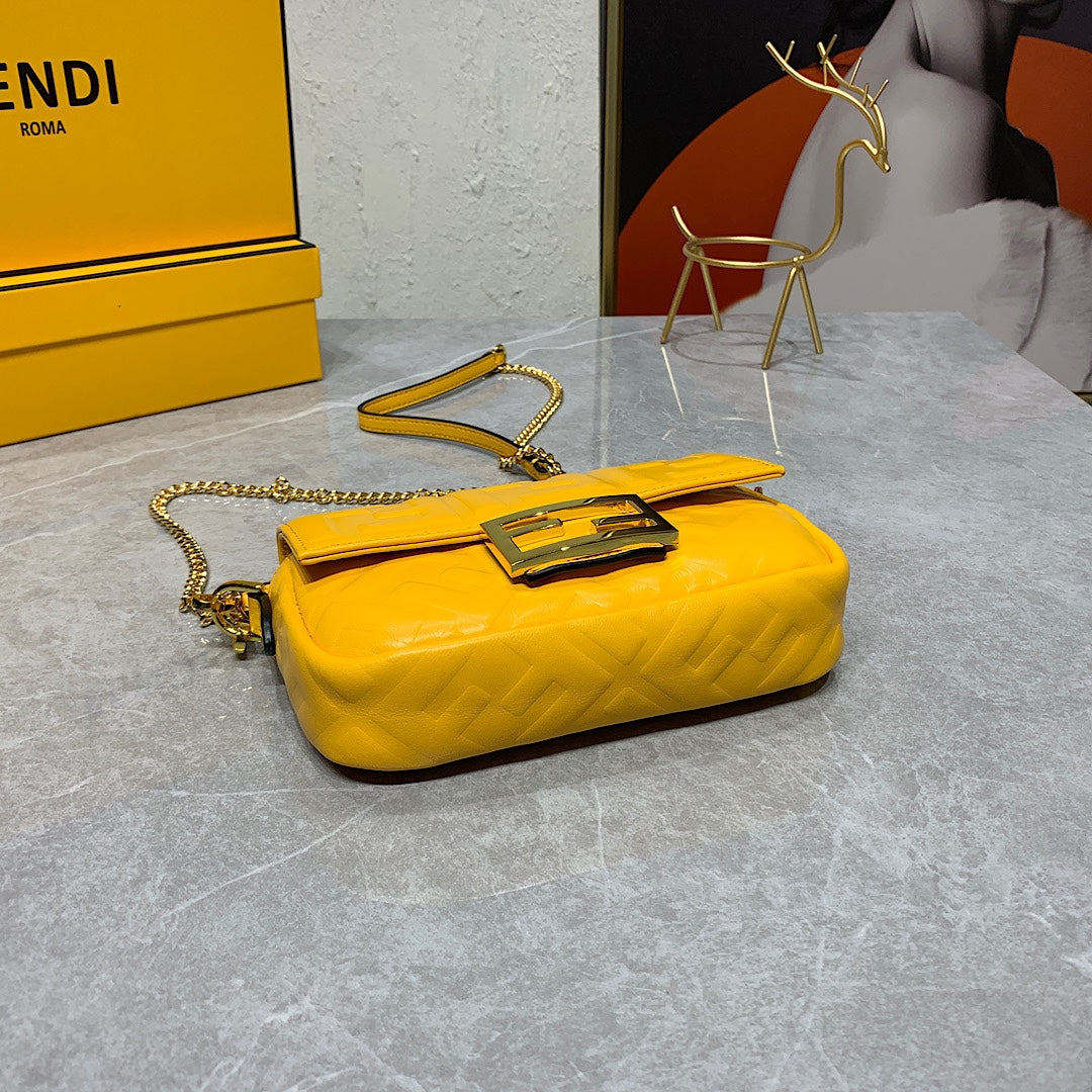 Fendi Yellow Embossed Leather Baguette Shoulder Bag with Gold-Tone Hardware