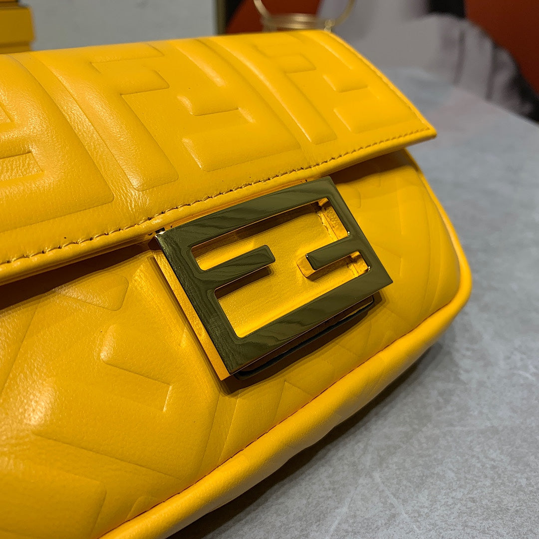 Fendi Baguette Yellow Embossed FF Logo Leather Shoulder Bag with Gold Hardware