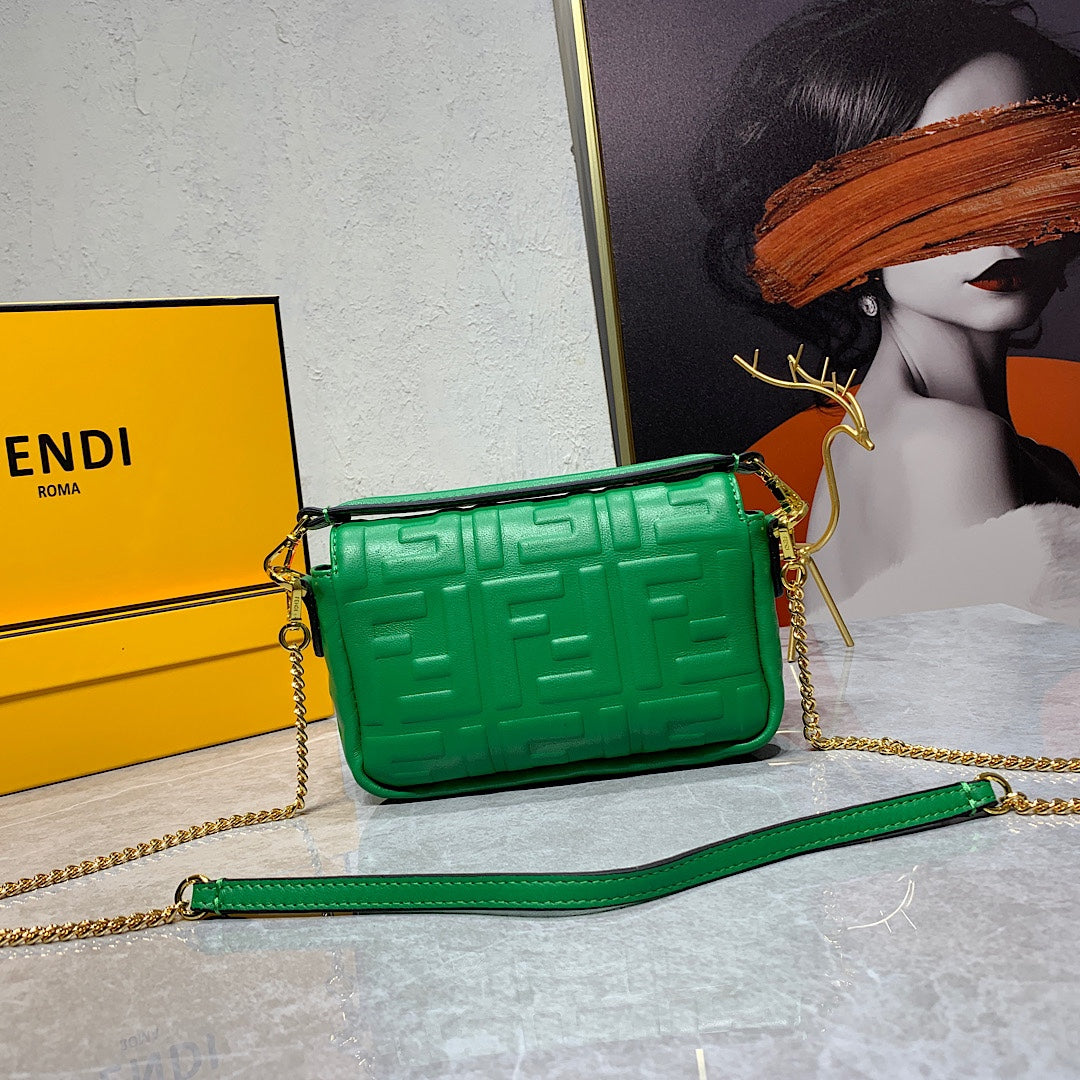 Fendi FF Embossed Green Leather Small Shoulder Bag with Gold Chain