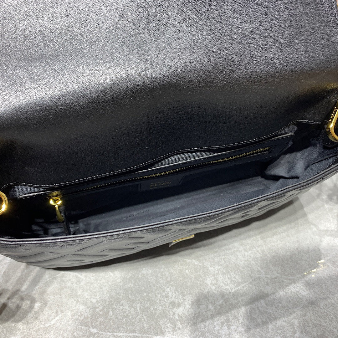 Fendi Baguette Black Embossed FF Monogram Leather Shoulder Bag