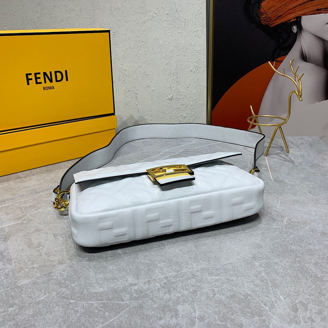 Fendi White Embossed FF Nappa Leather Baguette Bag with Gold Hardware