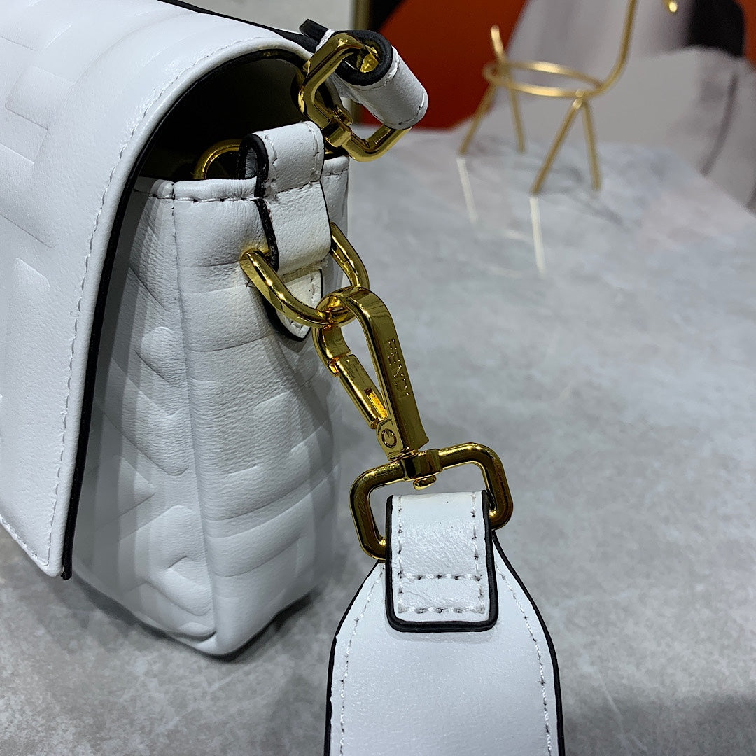 Fendi White Embossed FF Nappa Leather Baguette Bag with Gold Hardware
