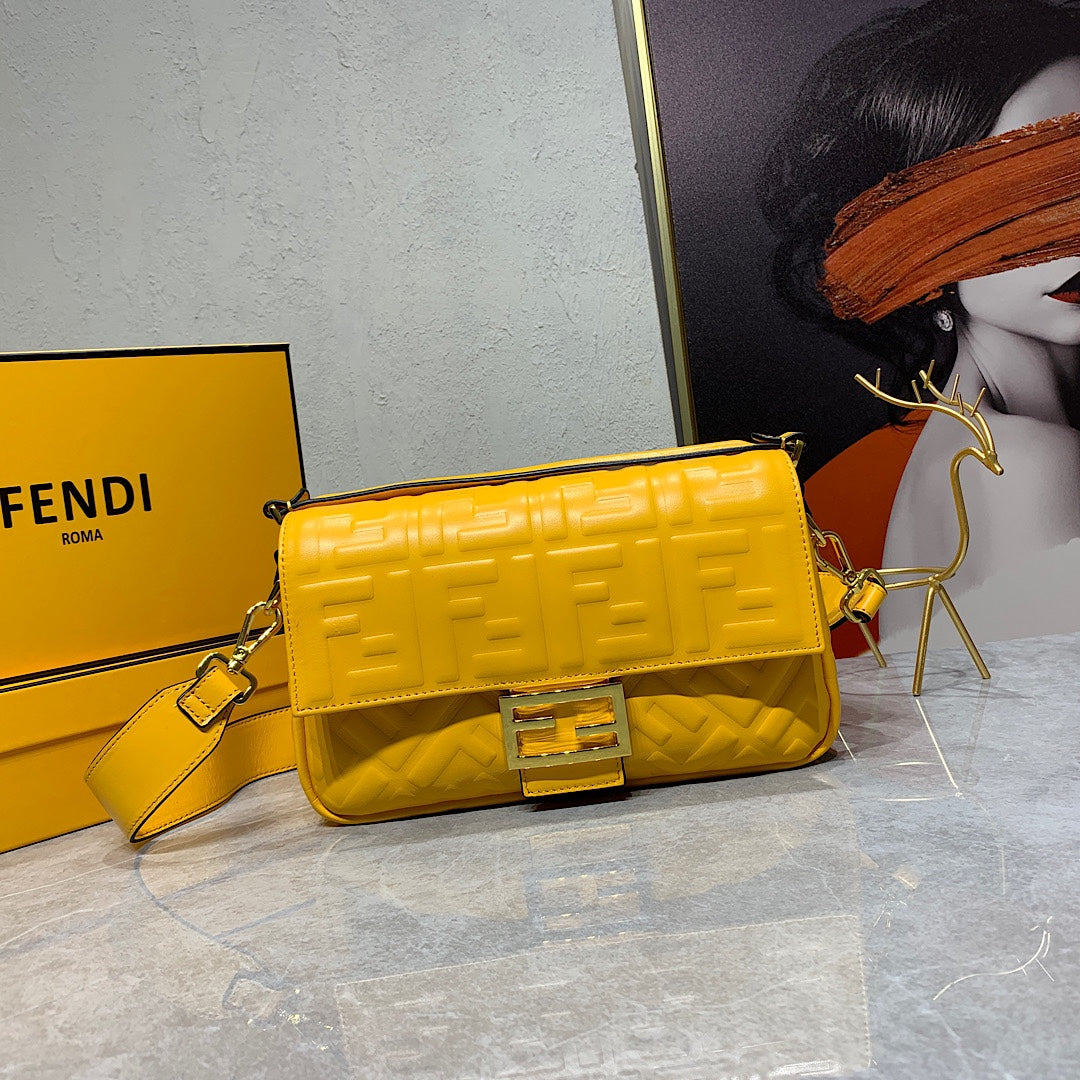 Fendi Yellow FF Embossed Leather Baguette Shoulder Bag