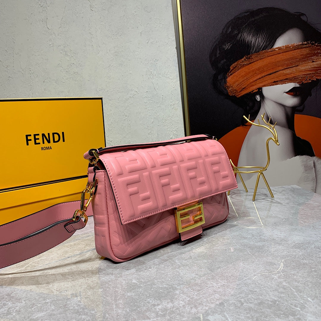 Fendi Baguette Bag FF Embossed Pink Nappa Leather with Gold-Tone Hardware