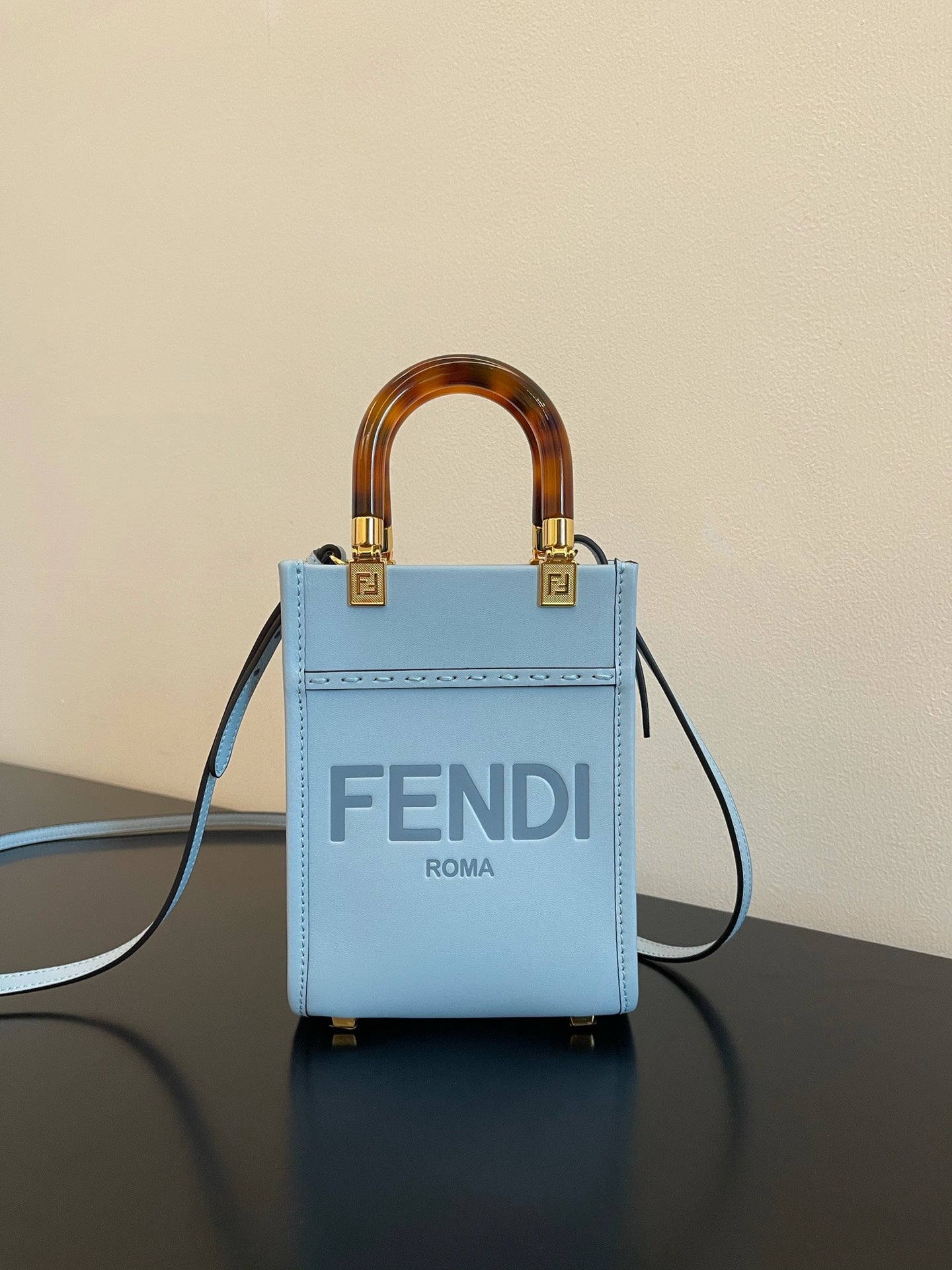 Fendi Mini Sunshine Shopper Bag in Light Blue Leather with Tortoiseshell Handles