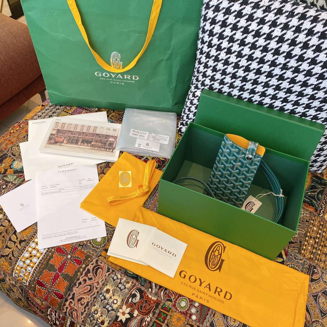 Gogy Luxury Green Chevron Print Leather Belt with Dust Bag and Box