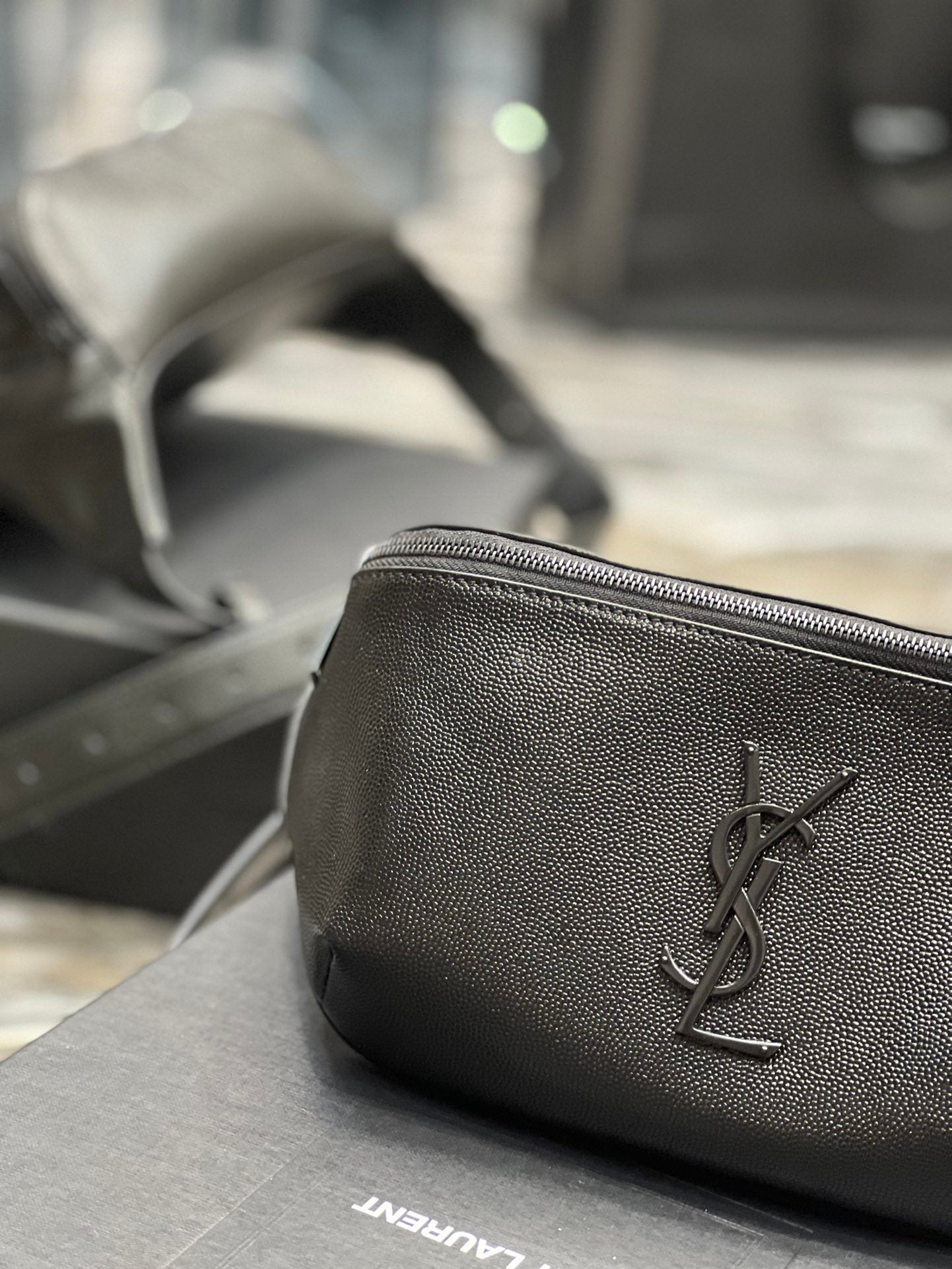 Saint Laurent Cassandre Belt Bag in Black Grain de Poudre Leather