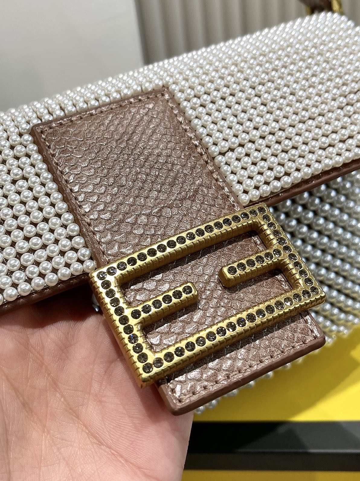 Luxury Patterned Beaded Baguette Shoulder Bag - Brown and Neutral Tones with Gold-Tone Buckle