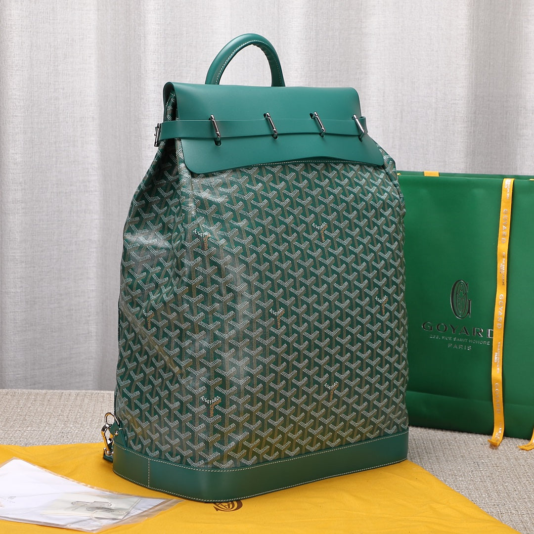 Gogy Classic Green Chevron Pattern Canvas Backpack with Leather Trim