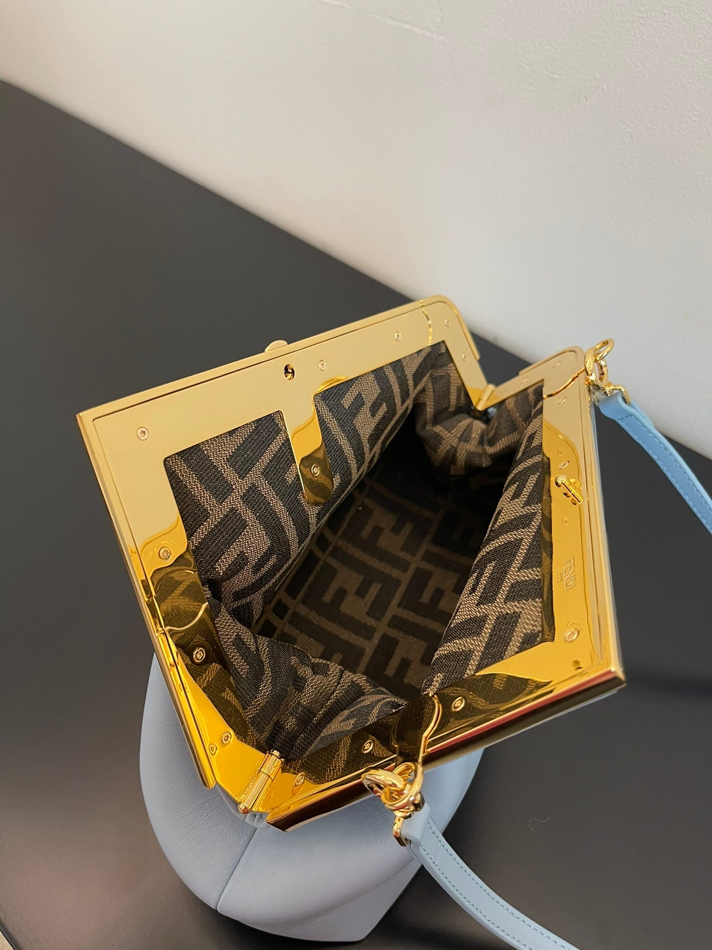 Small Light Blue Leather Frame Clutch - Elegant Asymmetric Crossbody Bag with Gold Hardware