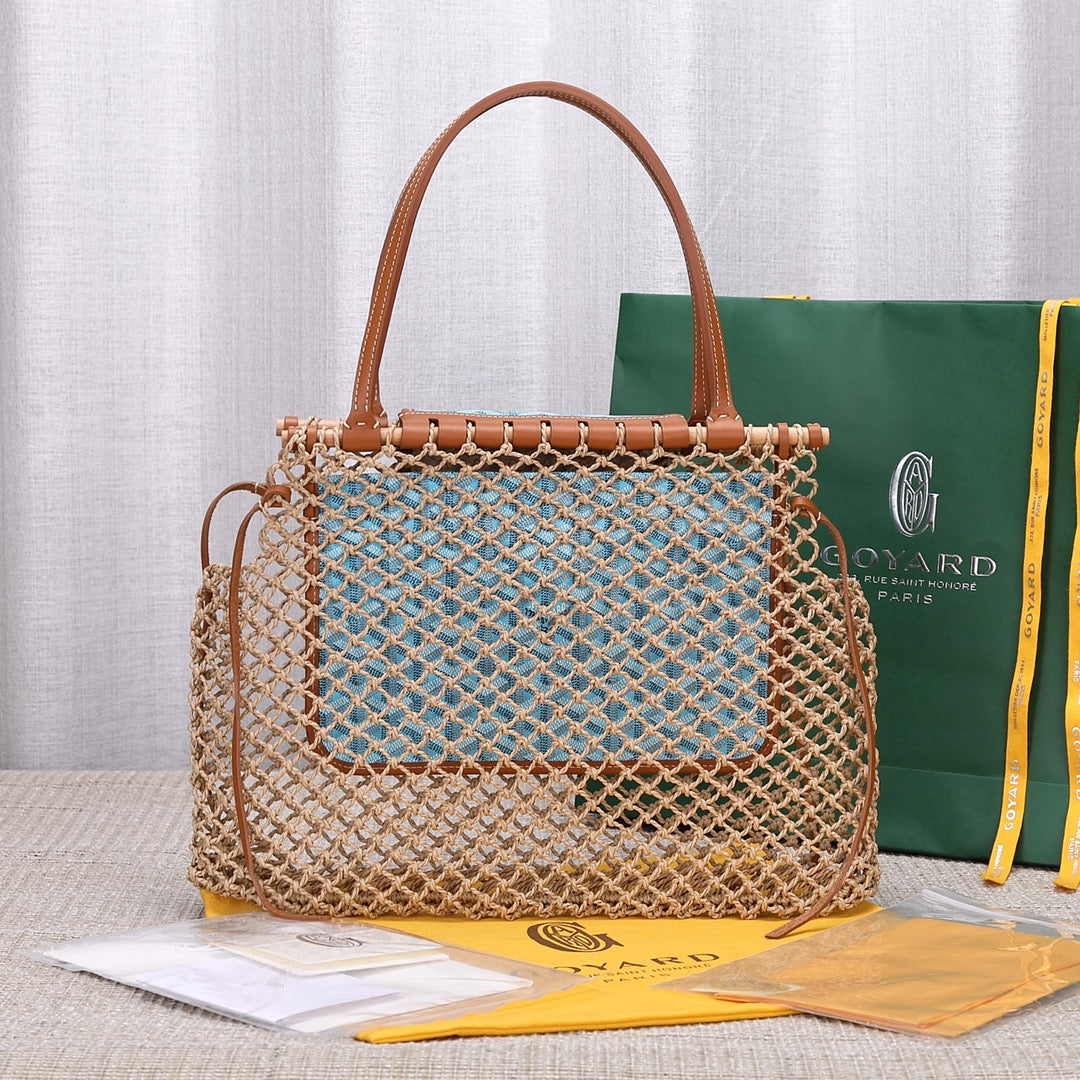 Gogy Woven Mesh Net Shoulder Bag with Light Blue Patterned Inner Pouch