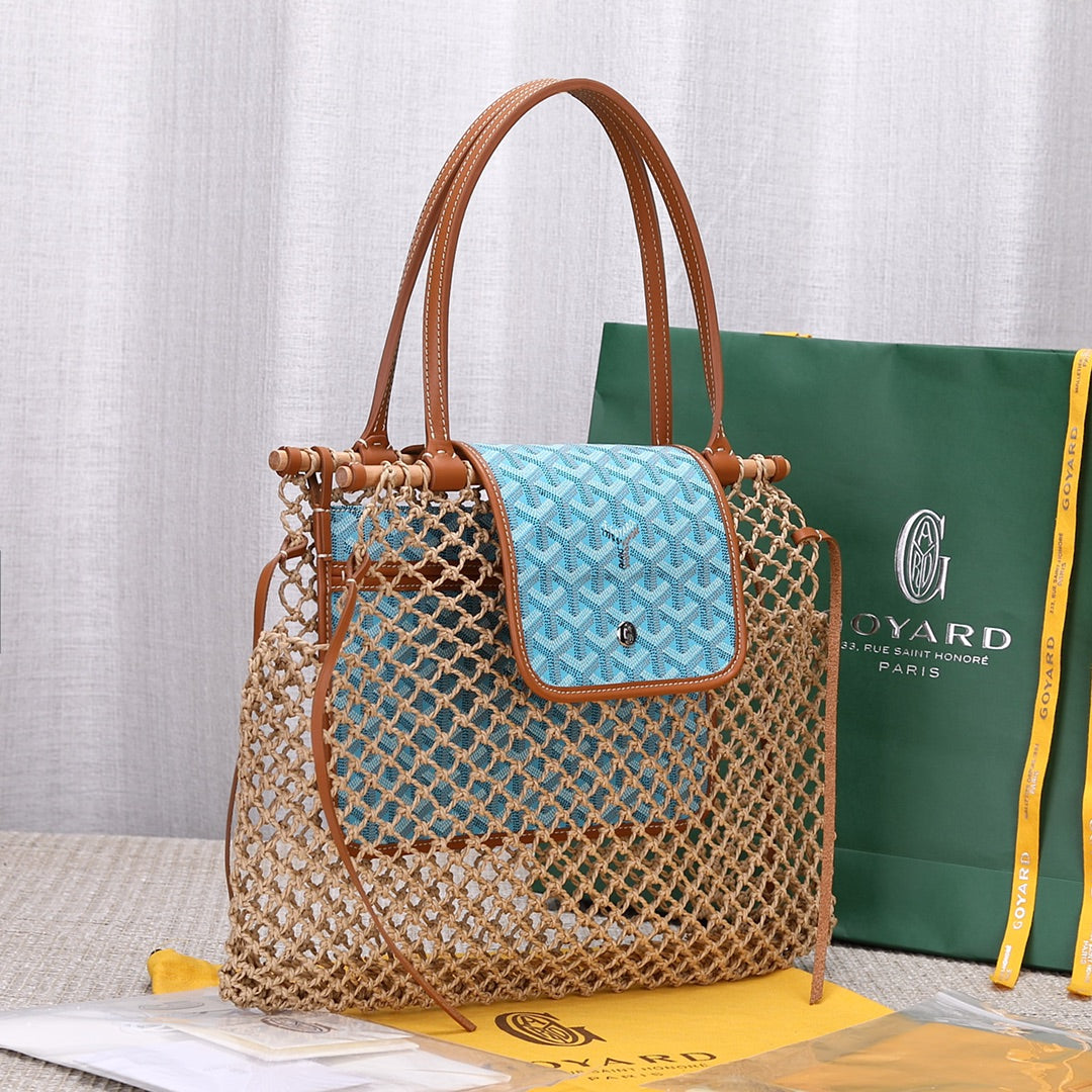 Gogy Woven Mesh Net Shoulder Bag with Light Blue Patterned Inner Pouch