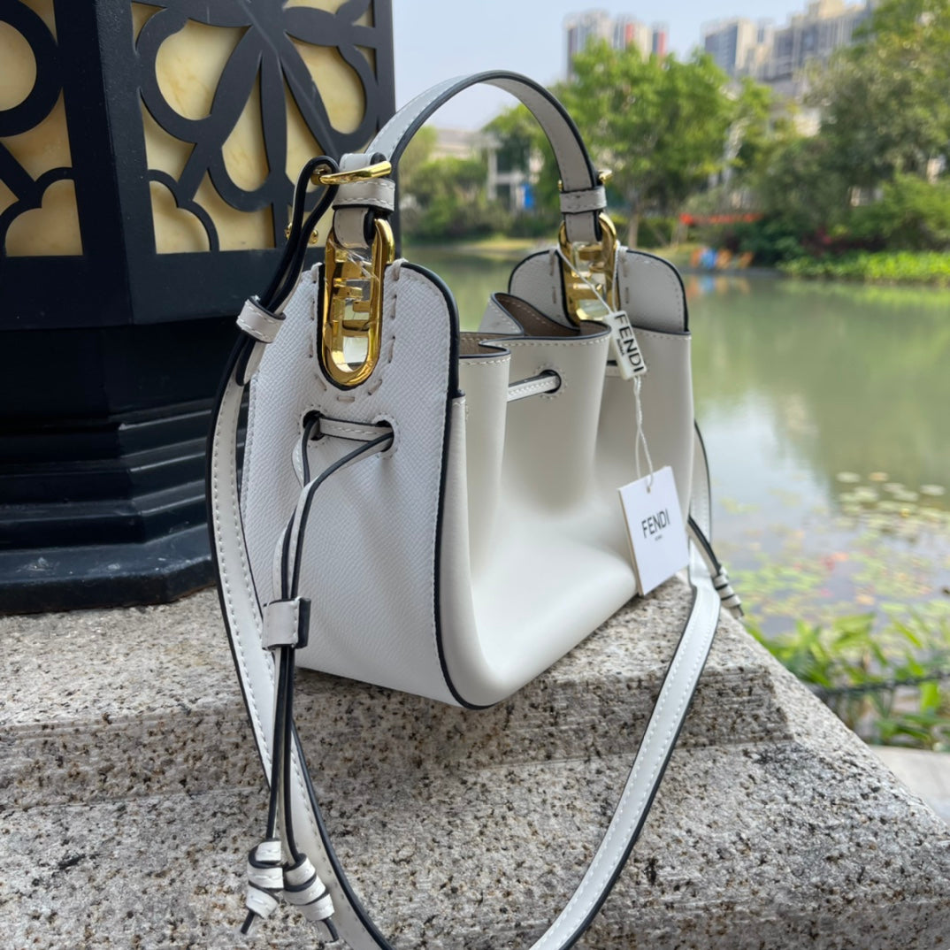 Fendi Small White Leather Bucket Bag - Luxury Drawstring Crossbody Handbag