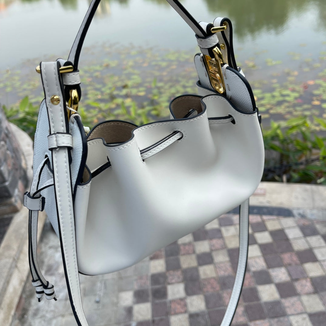 Fendi White Leather Mon Tresor Bucket Bag - Small Crossbody Handbag with Gold Hardware