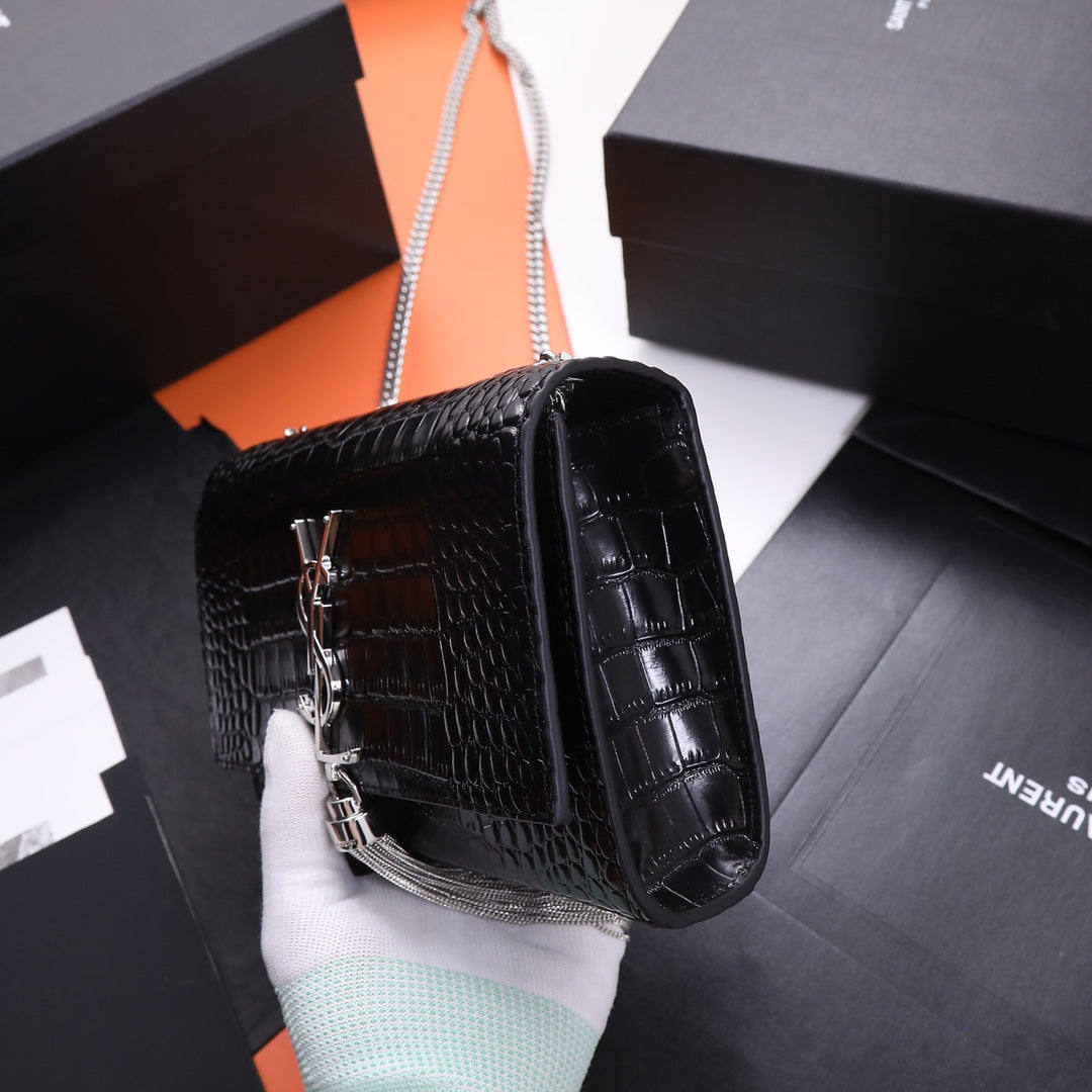 Saint Laurent Kate Small Tassel Bag in Crocodile-Embossed Leather
