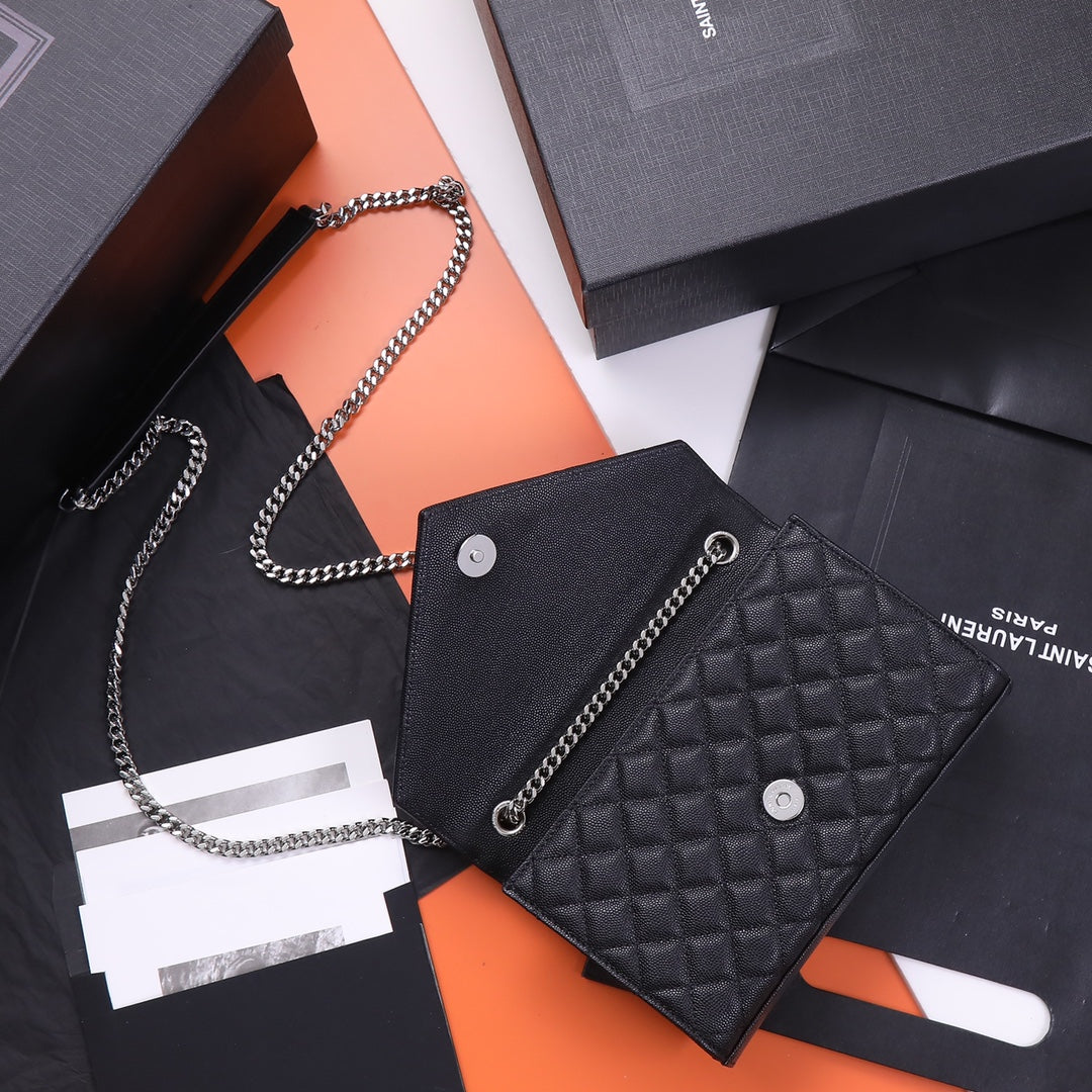 Saint Laurent Monogram Quilted Leather Chain Wallet Bag - Black Silver