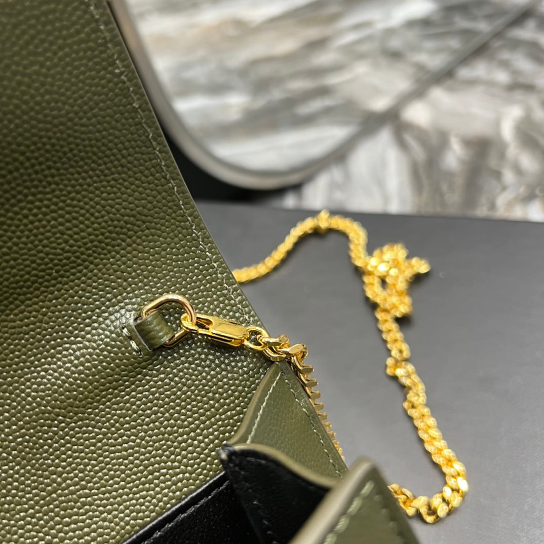 Saint Laurent Cassandre Envelope Chain Wallet in Olive Green Leather with Cardholder